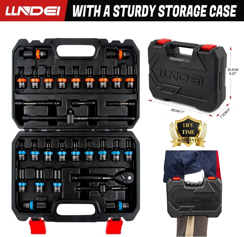LLNDEI 1/4-Inch Drive Swivel Socket Set, 32 Pieces Standard SAE(5/32 to 9/16") Metric Size(4-15mm) CR-MO Wobble Sockets, 6 Point with Ratchet Wrench Handle, Extension Bars and Adapter - Image 3